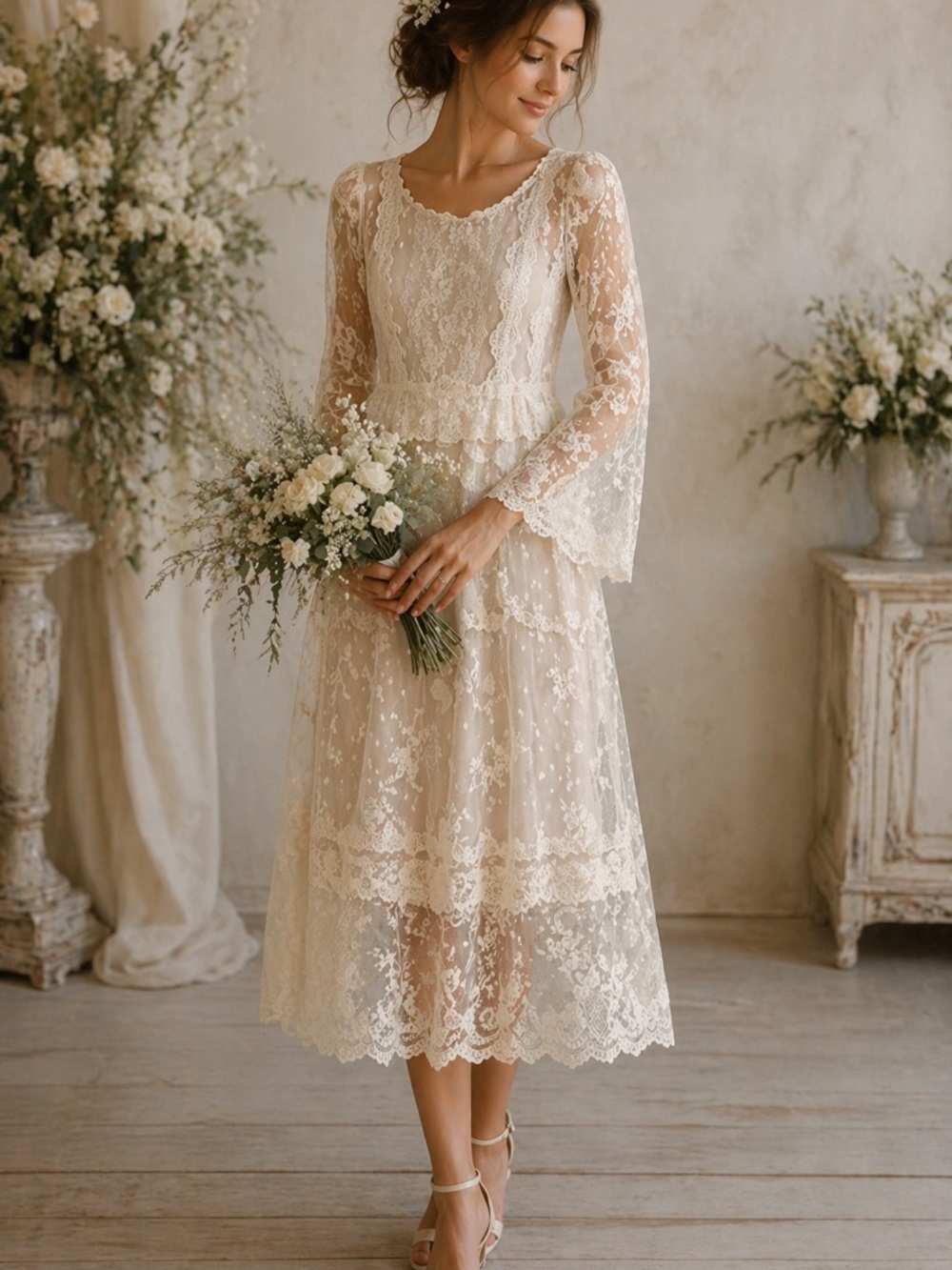 VTG Sue Brett Collection Ivory Lace Midi Dress Size M
